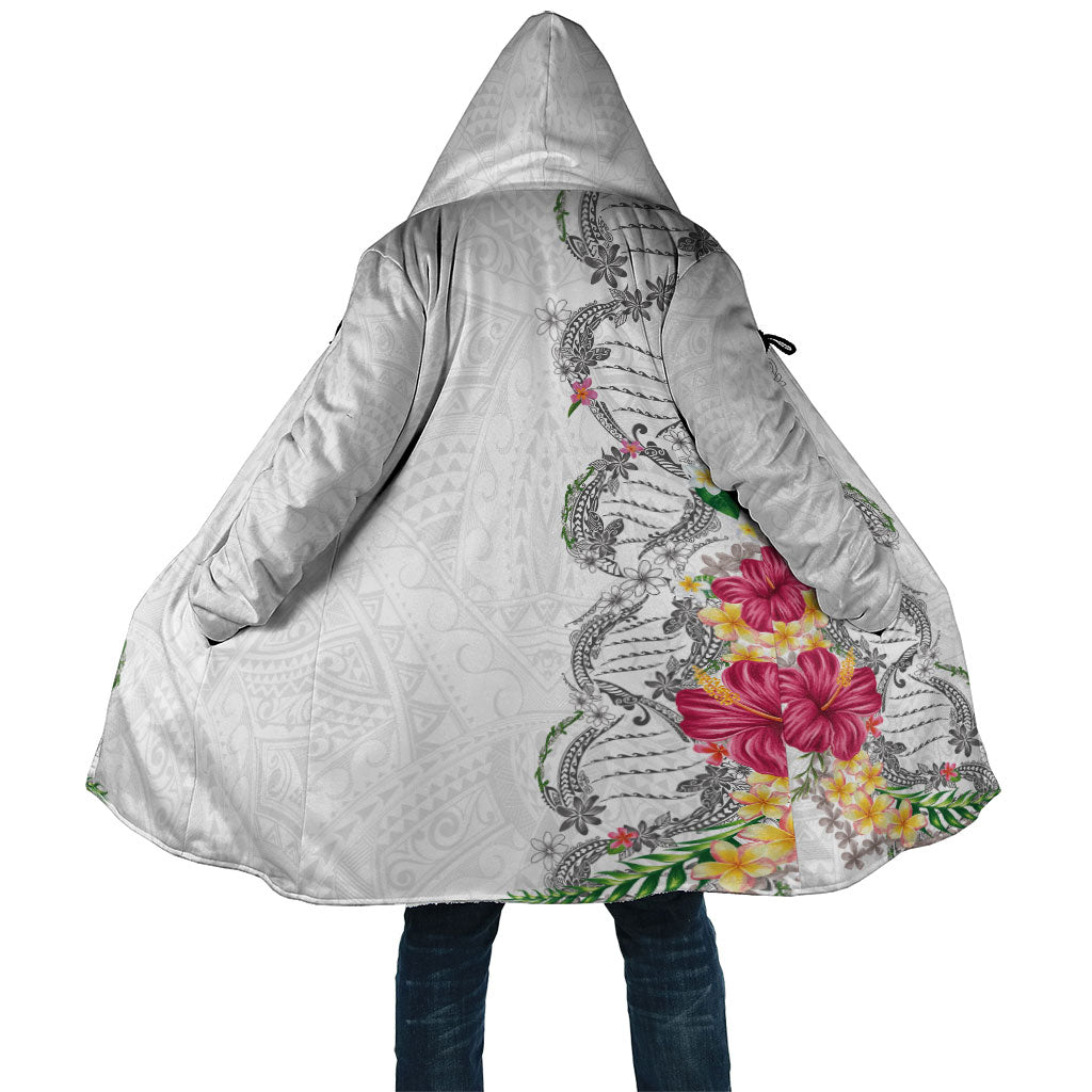 Hawaii DNA Kakau Tattoo Cloak with Plumeria and Hibiscus Tropical Plants White Color LT03 Unisex White - Polynesian Pride
