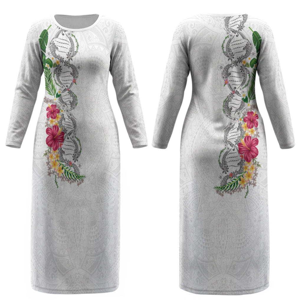Hawaii DNA Kakau Tattoo Couples Matching Long Sleeve Bodycon Dress and Hawaiian Shirt with Plumeria and Hibiscus Tropical Plants White Color