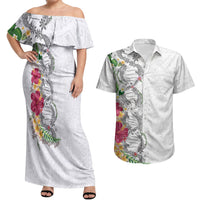 Hawaii DNA Kakau Tattoo Couples Matching Off Shoulder Maxi Dress and Hawaiian Shirt with Plumeria and Hibiscus Tropical Plants White Color