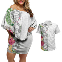 Hawaii DNA Kakau Tattoo Couples Matching Off Shoulder Short Dress and Hawaiian Shirt with Plumeria and Hibiscus Tropical Plants White Color