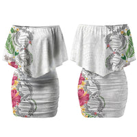 Hawaii DNA Kakau Tattoo Couples Matching Off Shoulder Short Dress and Long Sleeve Button Shirt with Plumeria and Hibiscus Tropical Plants White Color
