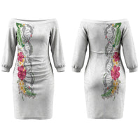 Hawaii DNA Kakau Tattoo Couples Matching Off The Shoulder Long Sleeve Dress and Hawaiian Shirt with Plumeria and Hibiscus Tropical Plants White Color