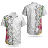 Hawaii DNA Kakau Tattoo Couples Matching Puletasi and Hawaiian Shirt with Plumeria and Hibiscus Tropical Plants White Color