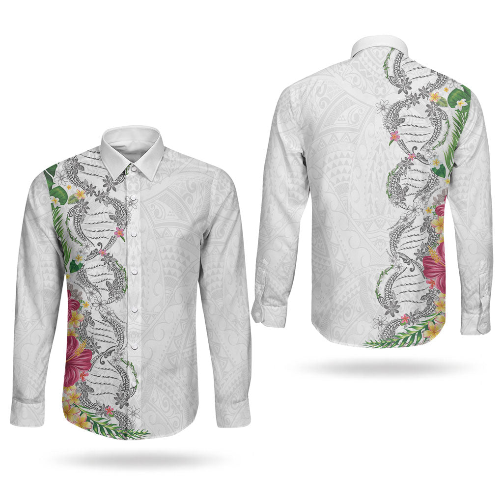 Hawaii DNA Kakau Tattoo Couples Matching Puletasi and Long Sleeve Button Shirt with Plumeria and Hibiscus Tropical Plants White Color