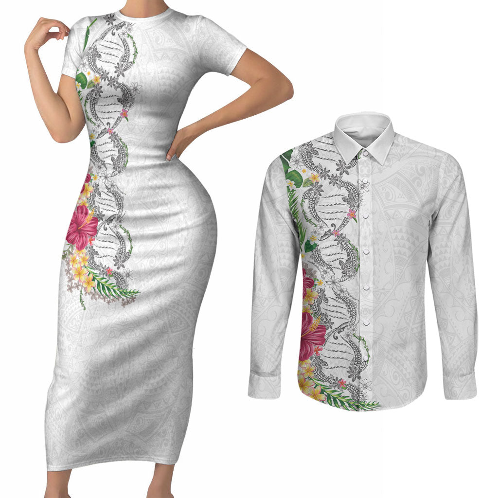 Hawaii DNA Kakau Tattoo Couples Matching Short Sleeve Bodycon Dress and Long Sleeve Button Shirt with Plumeria and Hibiscus Tropical Plants White Color