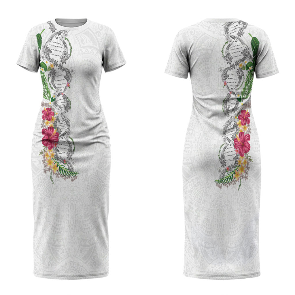Hawaii DNA Kakau Tattoo Couples Matching Short Sleeve Bodycon Dress and Long Sleeve Button Shirt with Plumeria and Hibiscus Tropical Plants White Color