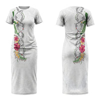 Hawaii DNA Kakau Tattoo Couples Matching Short Sleeve Bodycon Dress and Long Sleeve Button Shirt with Plumeria and Hibiscus Tropical Plants White Color
