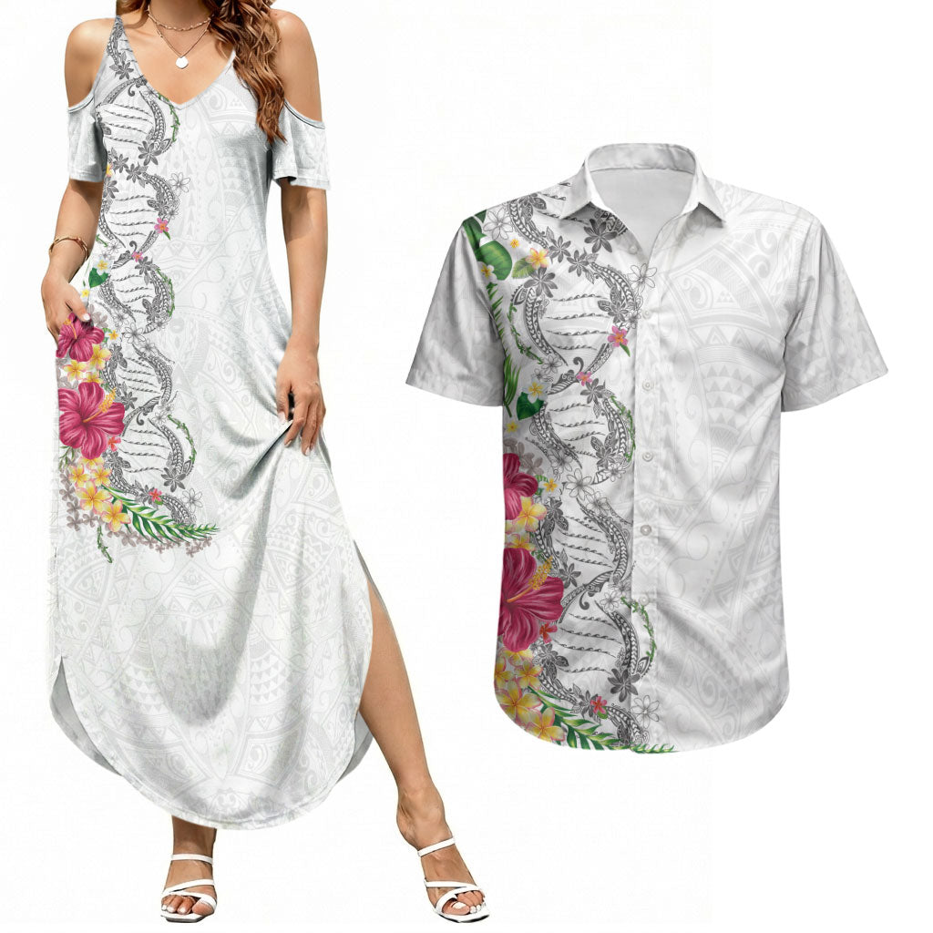 Hawaii DNA Kakau Tattoo Couples Matching Summer Maxi Dress and Hawaiian Shirt with Plumeria and Hibiscus Tropical Plants White Color