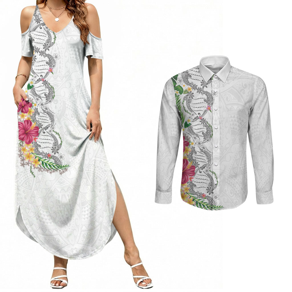 Hawaii DNA Kakau Tattoo Couples Matching Summer Maxi Dress and Long Sleeve Button Shirt with Plumeria and Hibiscus Tropical Plants White Color