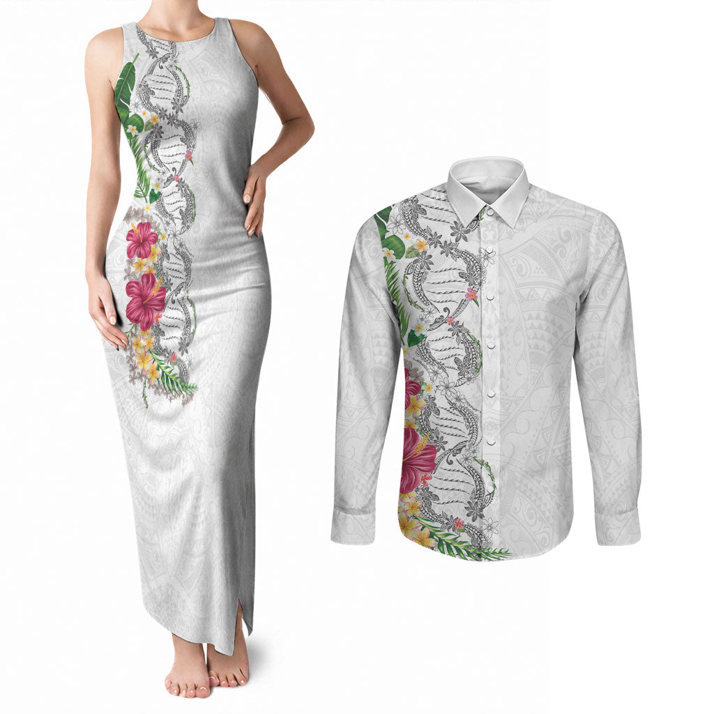 Hawaii DNA Kakau Tattoo Couples Matching Tank Maxi Dress and Long Sleeve Button Shirt with Plumeria and Hibiscus Tropical Plants White Color