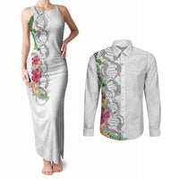 Hawaii DNA Kakau Tattoo Couples Matching Tank Maxi Dress and Long Sleeve Button Shirt with Plumeria and Hibiscus Tropical Plants White Color