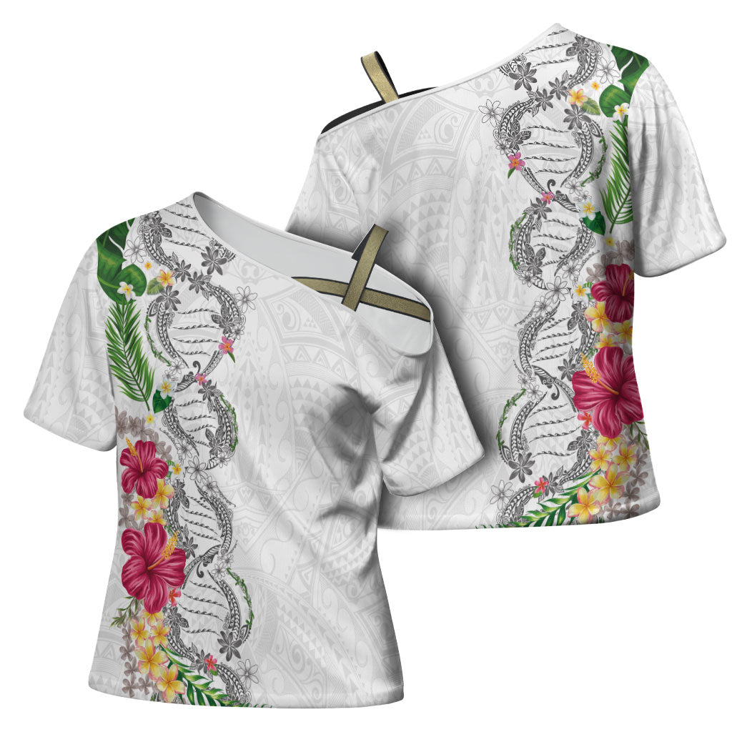 Hawaii DNA Kakau Tattoo Cross Shoulder Shirt with Plumeria and Hibiscus Tropical Plants White Color