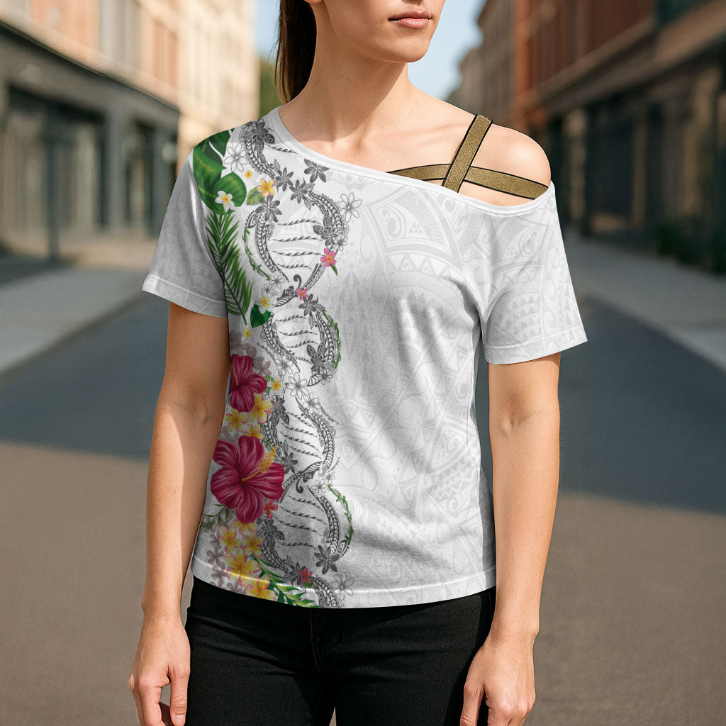 Hawaii DNA Kakau Tattoo Cross Shoulder Shirt with Plumeria and Hibiscus Tropical Plants White Color