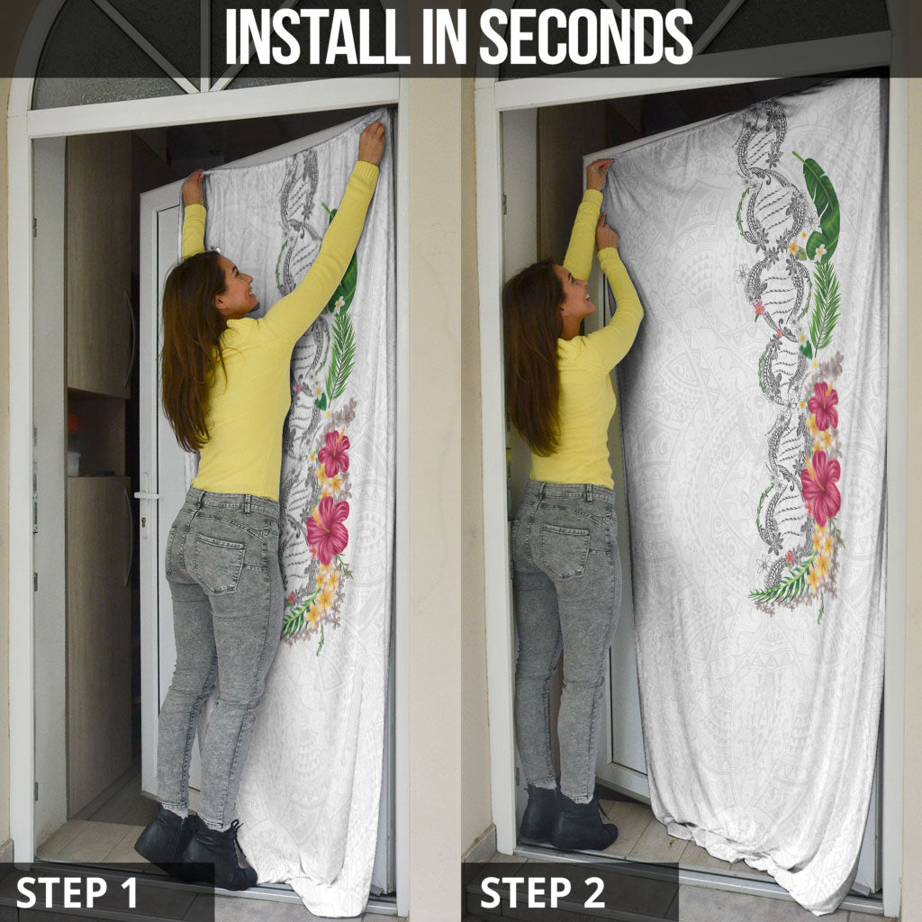 Hawaii DNA Kakau Tattoo Door Cover with Plumeria and Hibiscus Tropical Plants White Color
