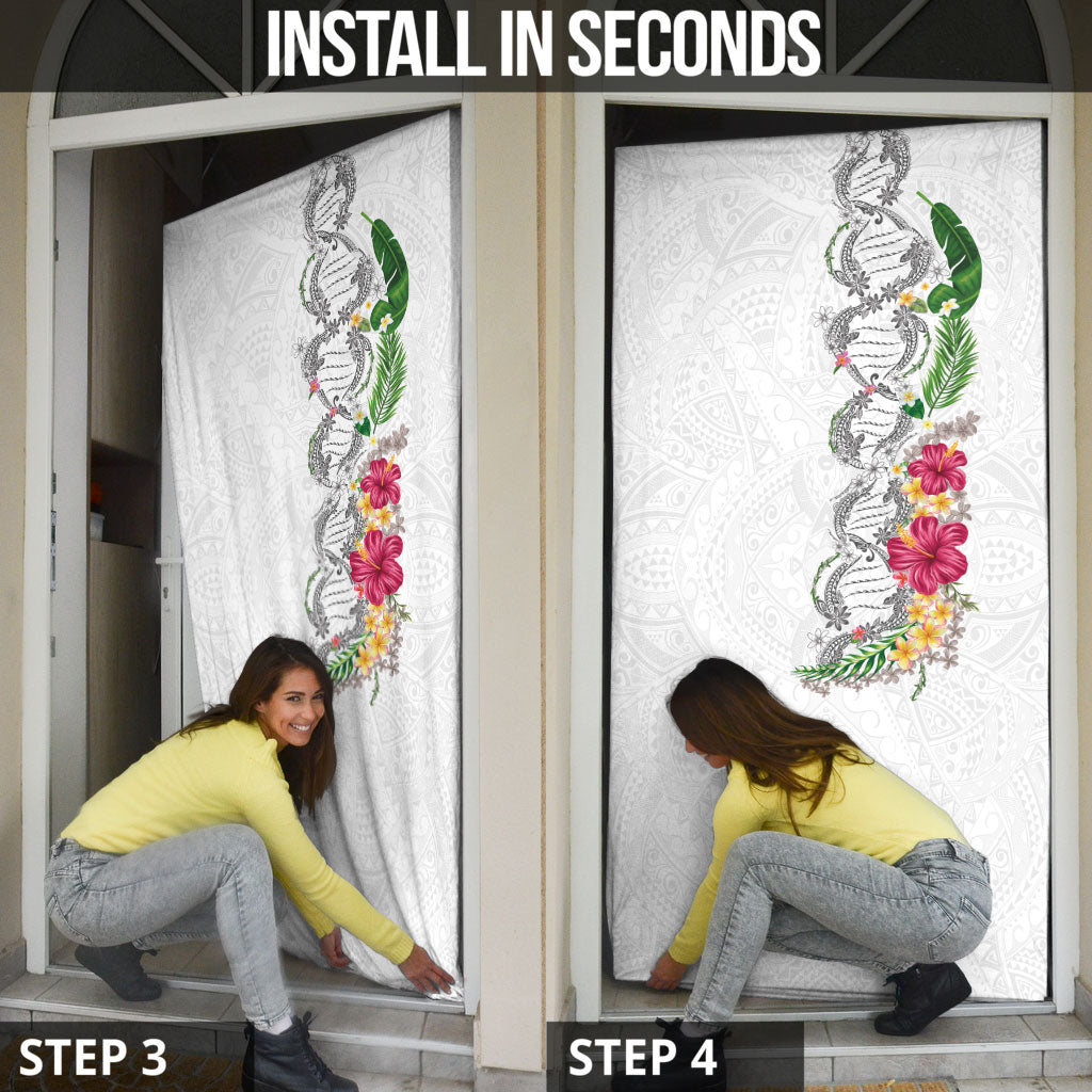 Hawaii DNA Kakau Tattoo Door Cover with Plumeria and Hibiscus Tropical Plants White Color