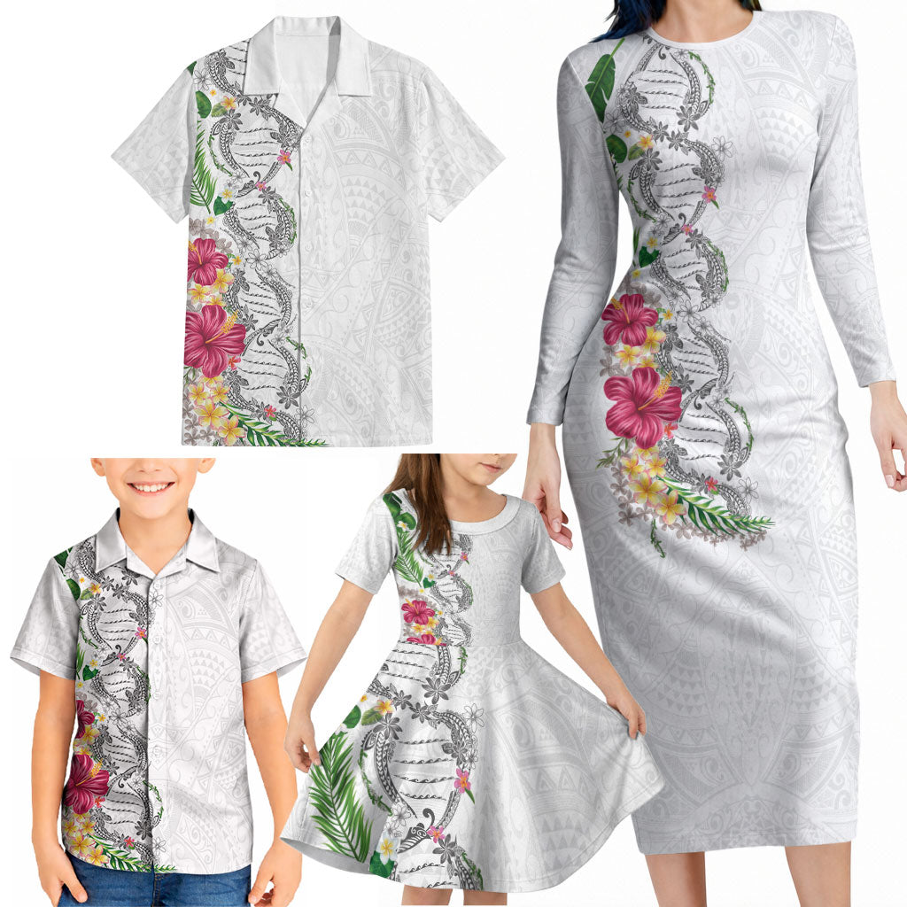Hawaii DNA Kakau Tattoo Family Matching Long Sleeve Bodycon Dress and Hawaiian Shirt with Plumeria and Hibiscus Tropical Plants White Color LT03 - Polynesian Pride