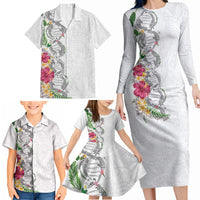 Hawaii DNA Kakau Tattoo Family Matching Long Sleeve Bodycon Dress and Hawaiian Shirt with Plumeria and Hibiscus Tropical Plants White Color