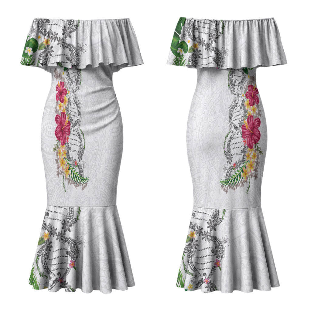 Hawaii DNA Kakau Tattoo Family Matching Mermaid Dress and Hawaiian Shirt with Plumeria and Hibiscus Tropical Plants White Color