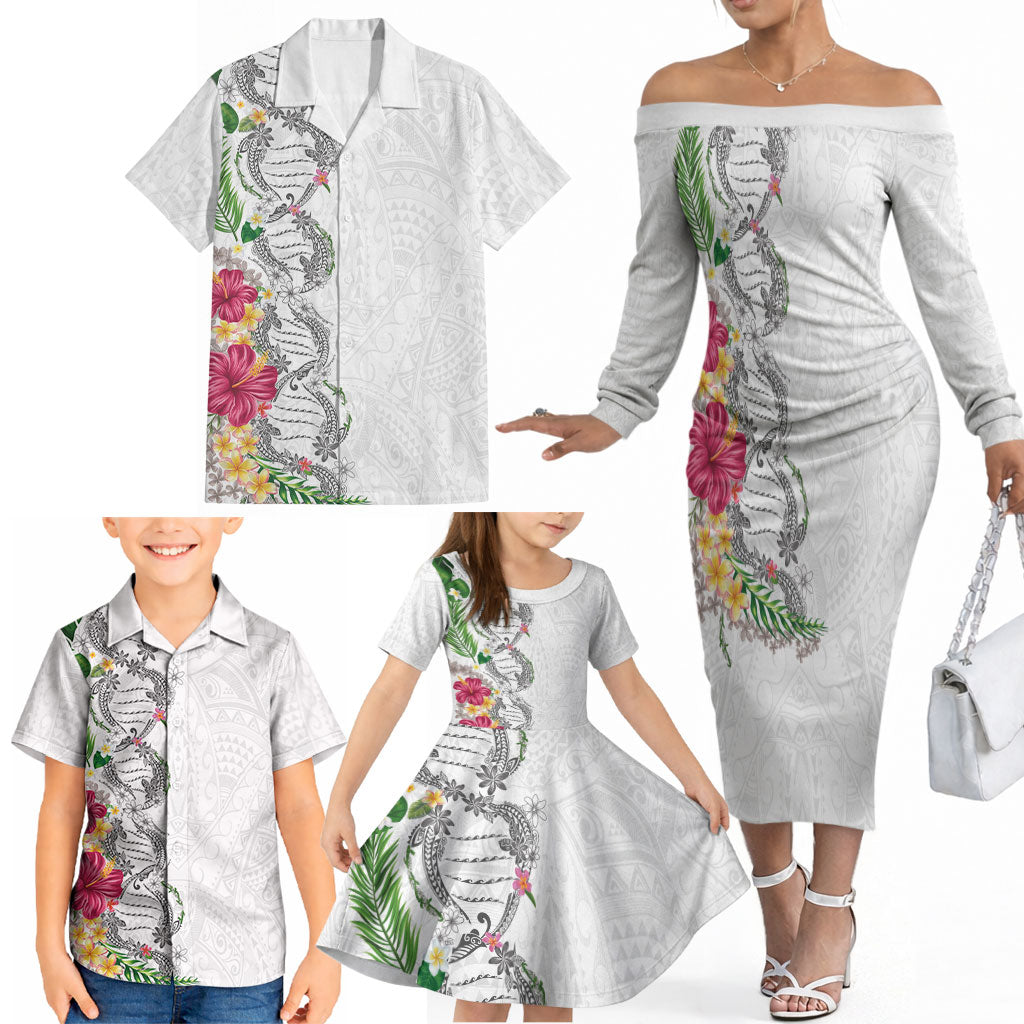 Hawaii DNA Kakau Tattoo Family Matching Off The Shoulder Long Sleeve Dress and Hawaiian Shirt with Plumeria and Hibiscus Tropical Plants White Color LT03 - Polynesian Pride