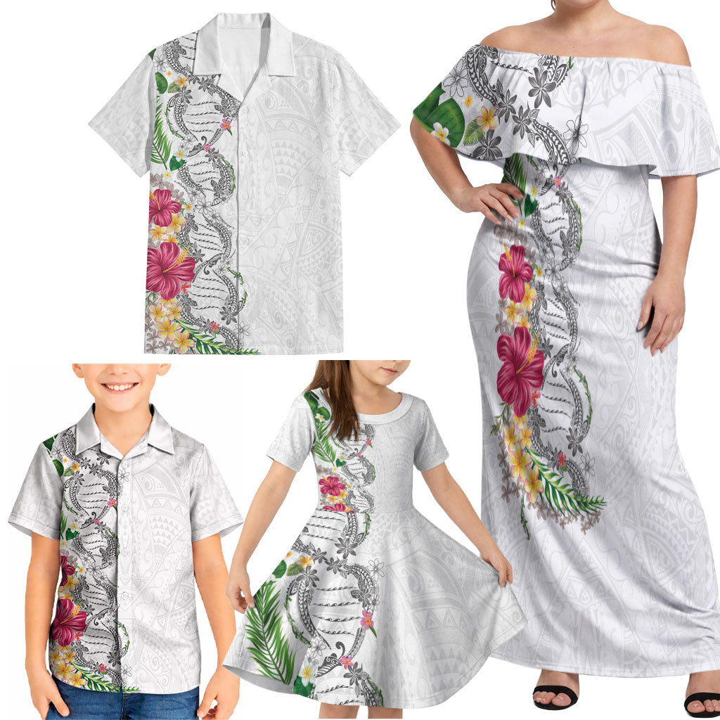 Hawaii DNA Kakau Tattoo Family Matching Off Shoulder Maxi Dress and Hawaiian Shirt with Plumeria and Hibiscus Tropical Plants White Color LT03 - Polynesian Pride