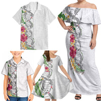 Hawaii DNA Kakau Tattoo Family Matching Off Shoulder Maxi Dress and Hawaiian Shirt with Plumeria and Hibiscus Tropical Plants White Color