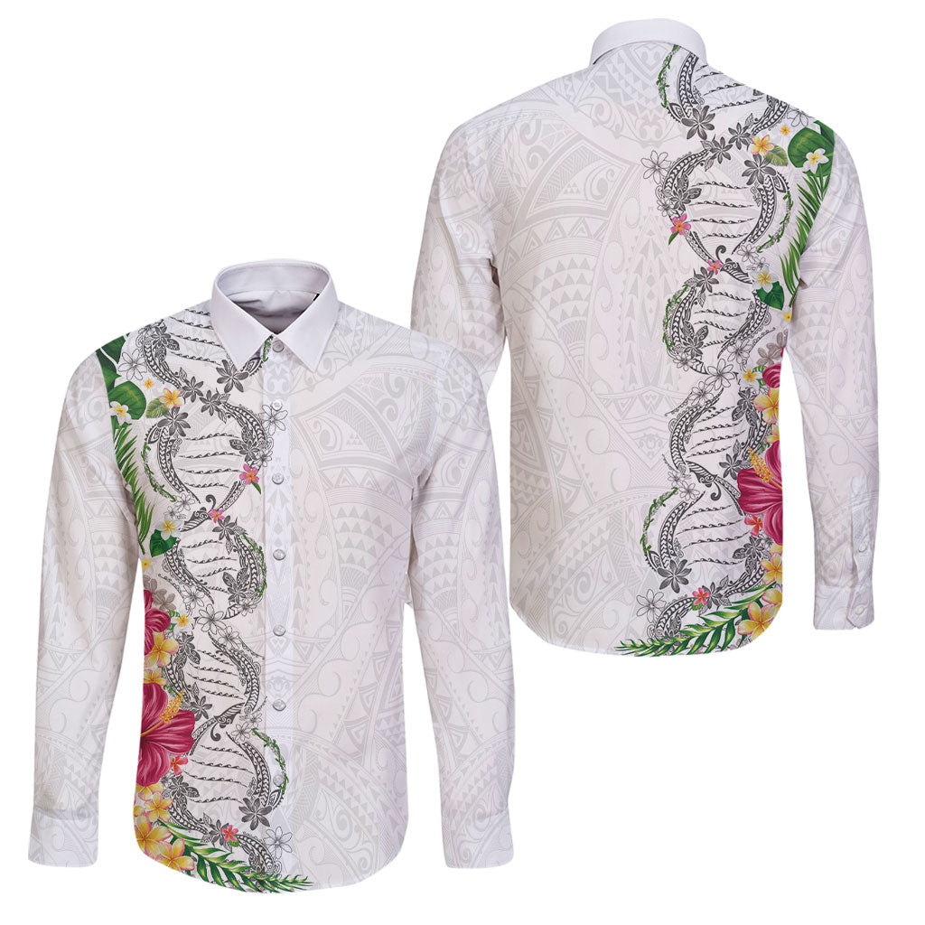 Hawaii DNA Kakau Tattoo Family Matching Off Shoulder Maxi Dress and Hawaiian Shirt with Plumeria and Hibiscus Tropical Plants White Color