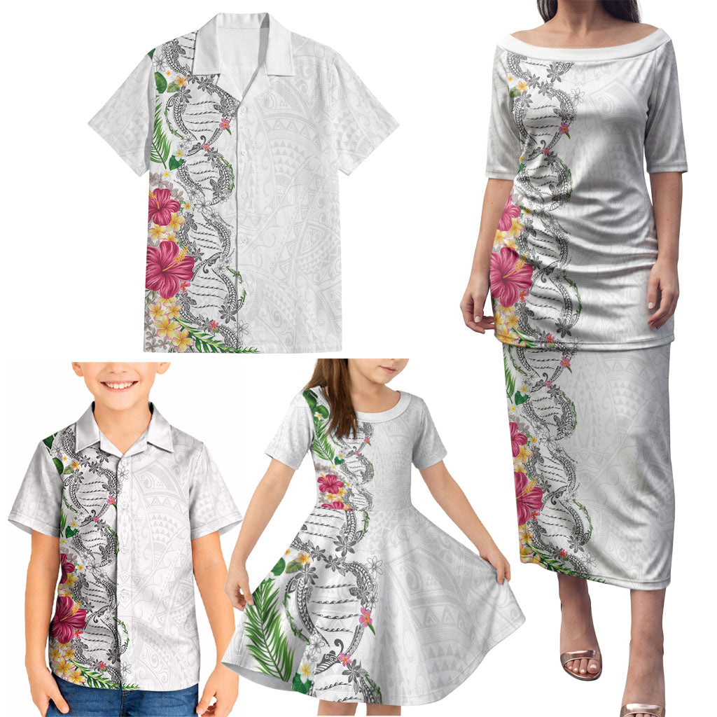 Hawaii DNA Kakau Tattoo Family Matching Puletasi and Hawaiian Shirt with Plumeria and Hibiscus Tropical Plants White Color