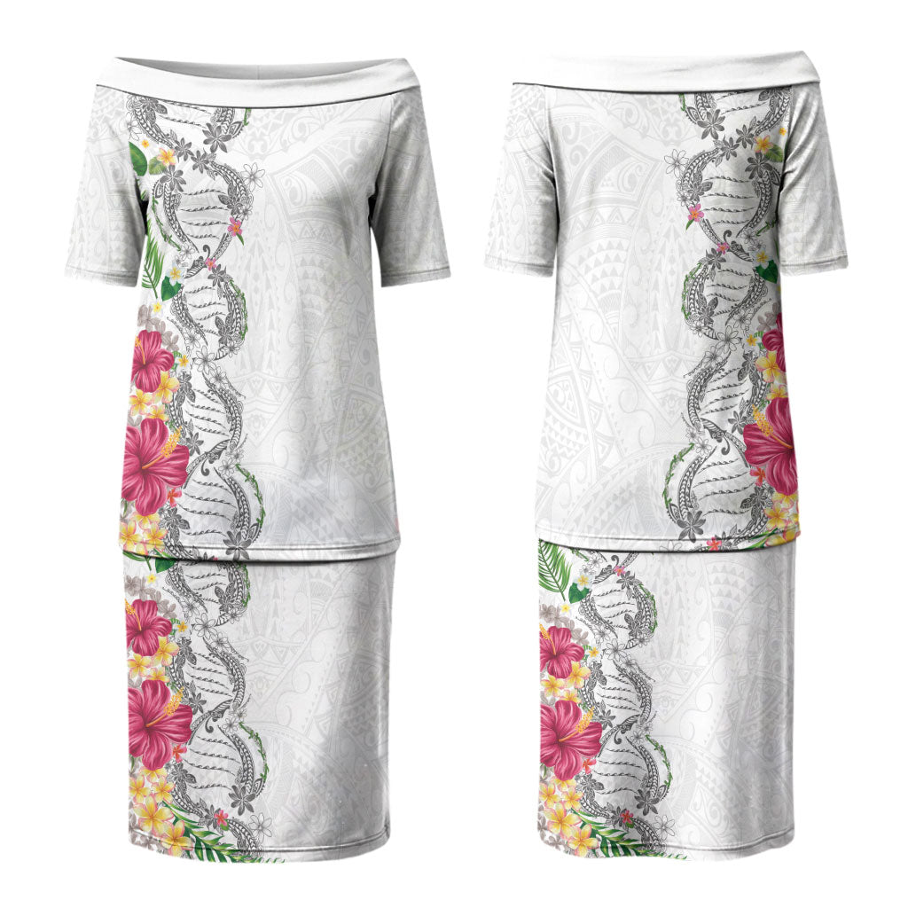 Hawaii DNA Kakau Tattoo Family Matching Puletasi and Hawaiian Shirt with Plumeria and Hibiscus Tropical Plants White Color