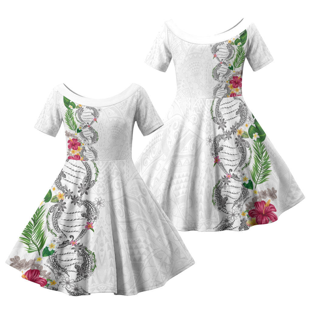 Hawaii DNA Kakau Tattoo Family Matching Short Sleeve Bodycon Dress and Hawaiian Shirt with Plumeria and Hibiscus Tropical Plants White Color