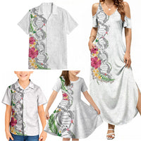 Hawaii DNA Kakau Tattoo Family Matching Summer Maxi Dress and Hawaiian Shirt with Plumeria and Hibiscus Tropical Plants White Color