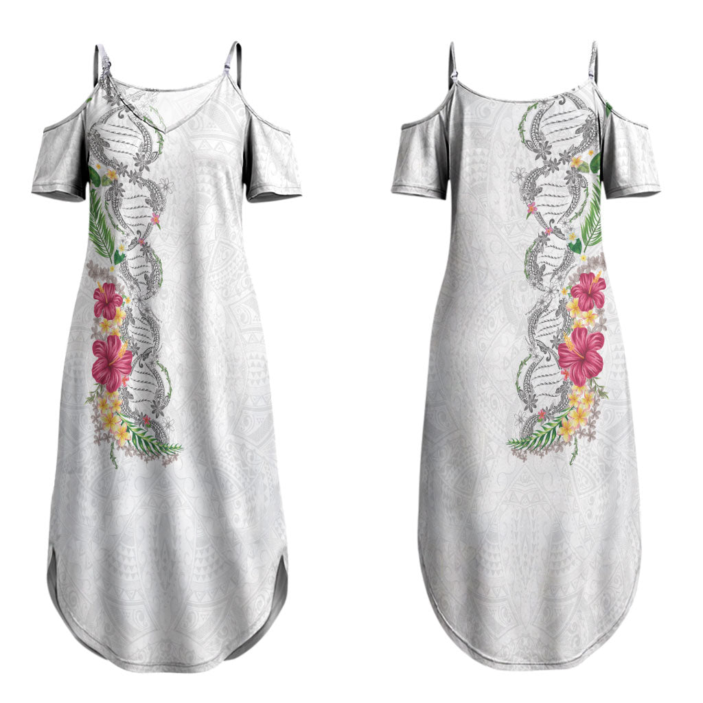 Hawaii DNA Kakau Tattoo Family Matching Summer Maxi Dress and Hawaiian Shirt with Plumeria and Hibiscus Tropical Plants White Color