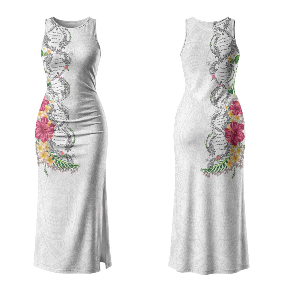 Hawaii DNA Kakau Tattoo Family Matching Tank Maxi Dress and Hawaiian Shirt with Plumeria and Hibiscus Tropical Plants White Color