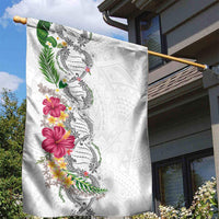 Hawaii DNA Kakau Tattoo Garden Flag with Plumeria and Hibiscus Tropical Plants White Color