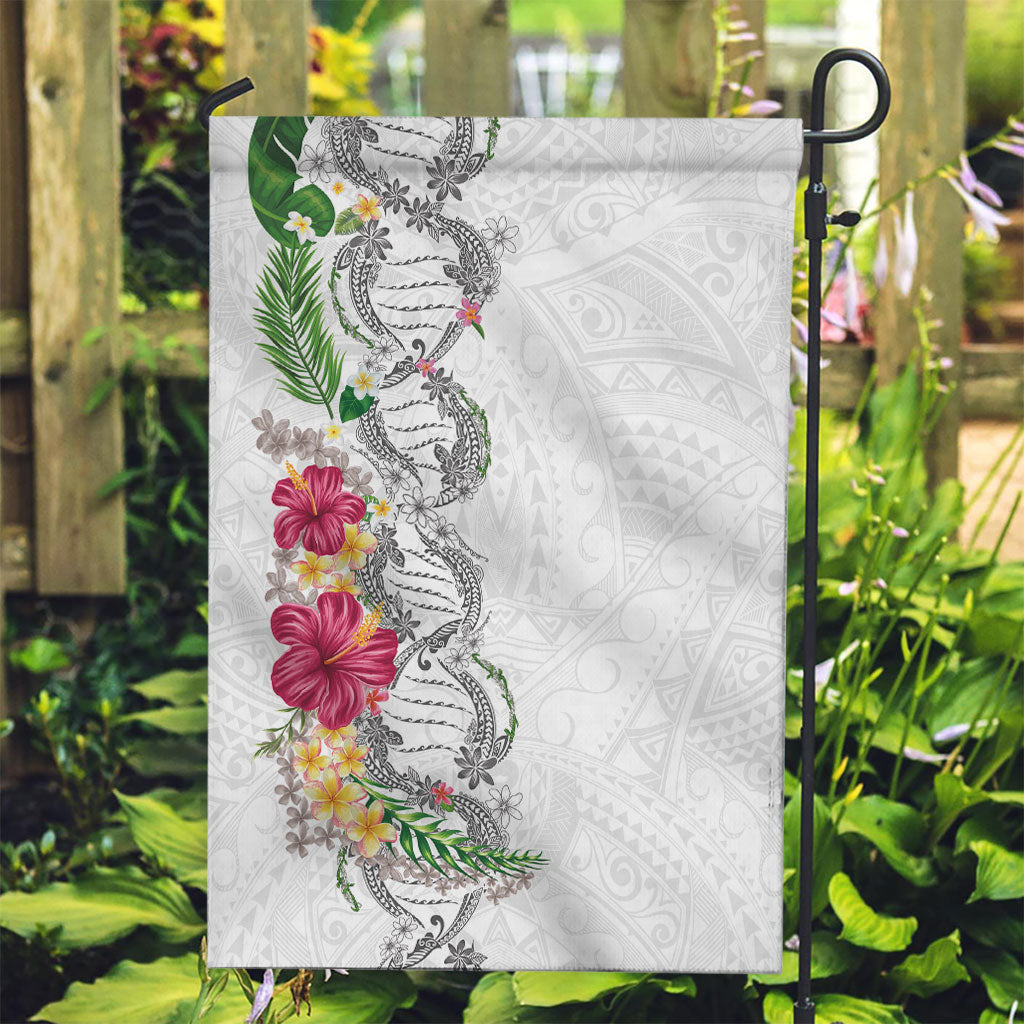 Hawaii DNA Kakau Tattoo Garden Flag with Plumeria and Hibiscus Tropical Plants White Color