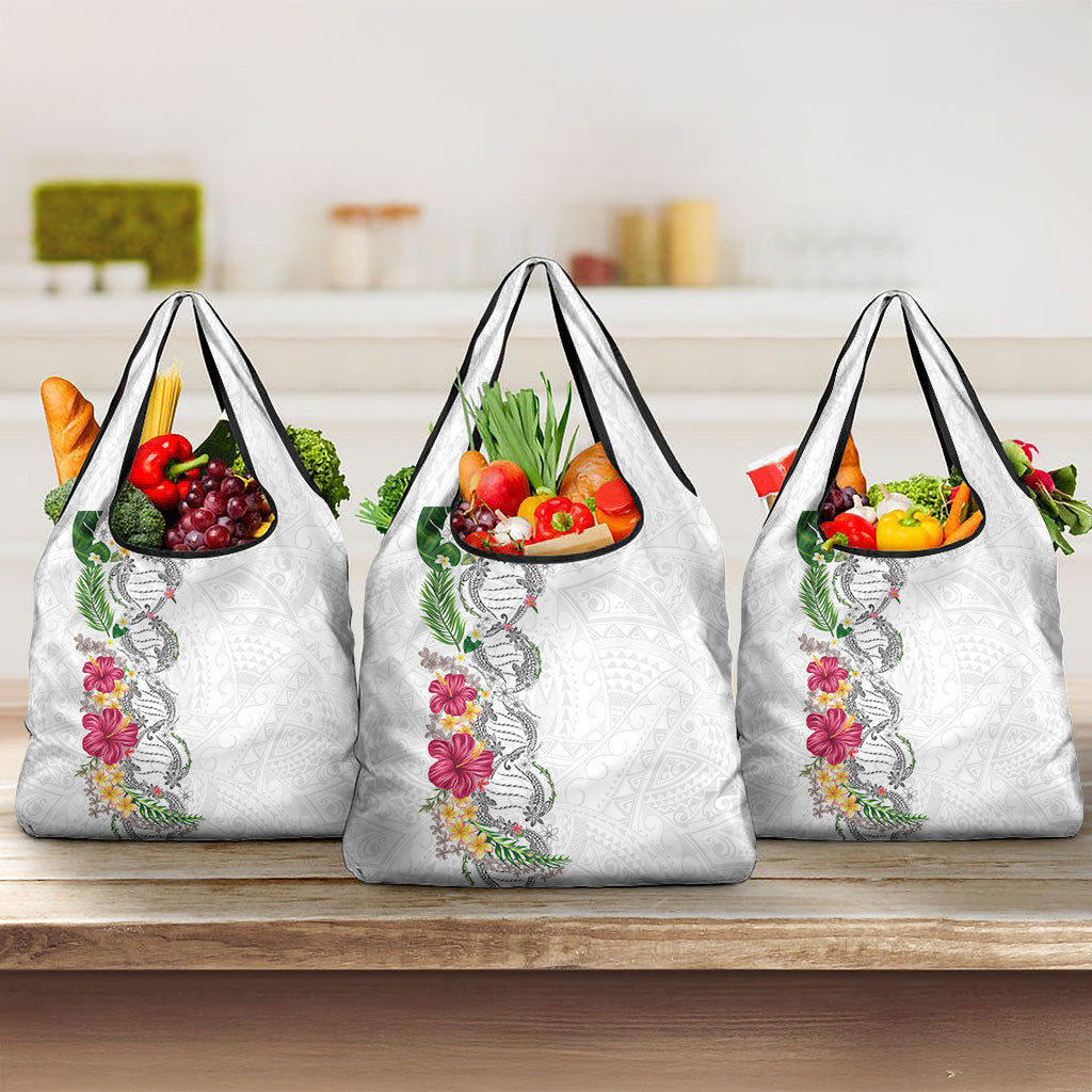 Hawaii DNA Kakau Tattoo Grocery Bag with Plumeria and Hibiscus Tropical Plants White Color