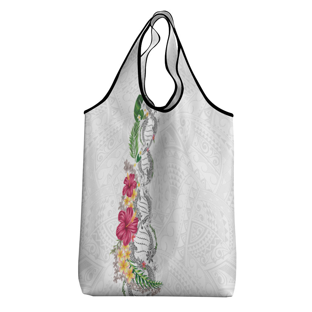 Hawaii DNA Kakau Tattoo Grocery Bag with Plumeria and Hibiscus Tropical Plants White Color