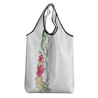 Hawaii DNA Kakau Tattoo Grocery Bag with Plumeria and Hibiscus Tropical Plants White Color
