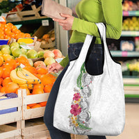 Hawaii DNA Kakau Tattoo Grocery Bag with Plumeria and Hibiscus Tropical Plants White Color