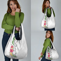 Hawaii DNA Kakau Tattoo Grocery Bag with Plumeria and Hibiscus Tropical Plants White Color