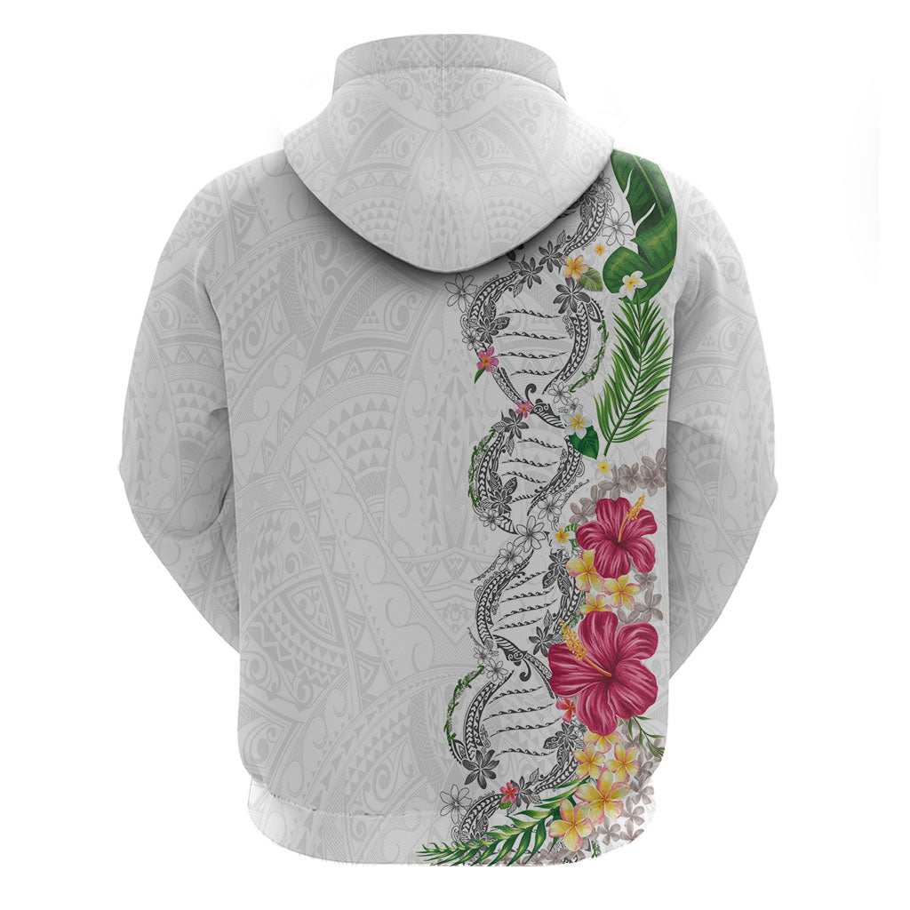 Hawaii DNA Kakau Tattoo Hoodie with Plumeria and Hibiscus Tropical Plants White Color