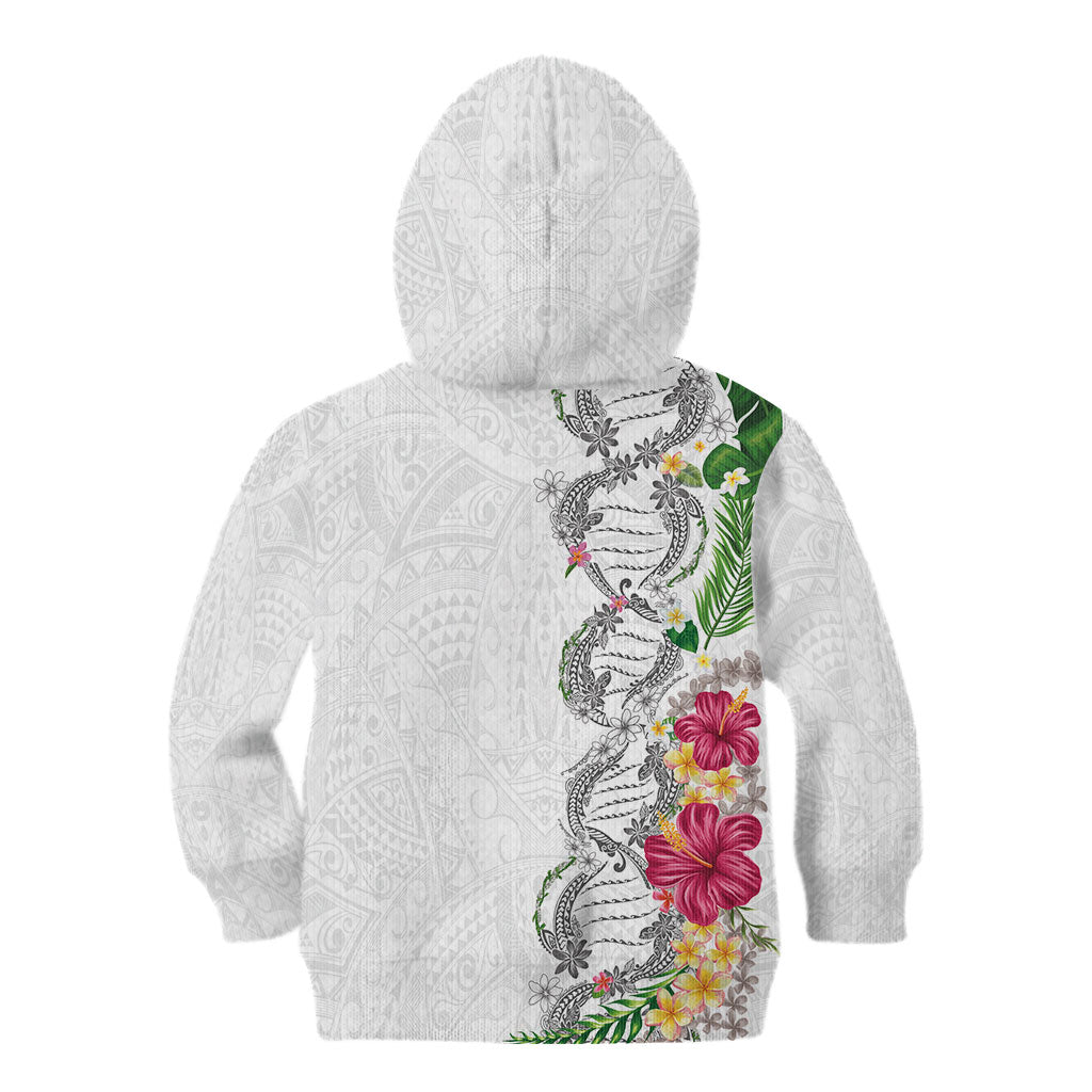 Hawaii DNA Kakau Tattoo Kid Hoodie with Plumeria and Hibiscus Tropical Plants White Color