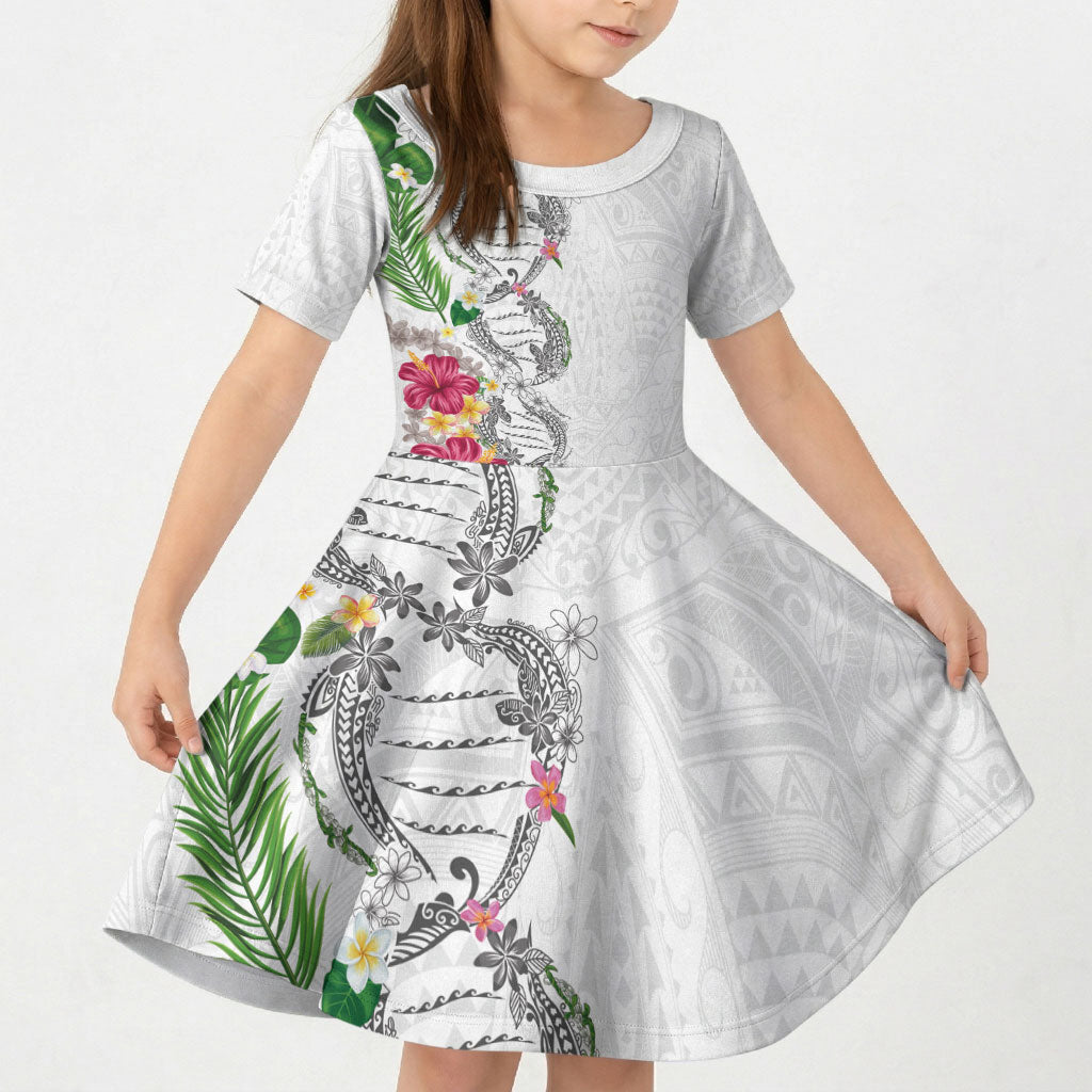 Hawaii DNA Kakau Tattoo Kid Short Sleeve Dress with Plumeria and Hibiscus Tropical Plants White Color