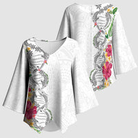 Hawaii DNA Kakau Tattoo Kimono Sleeve Blouse with Plumeria and Hibiscus Tropical Plants White Color