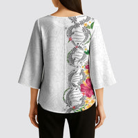 Hawaii DNA Kakau Tattoo Kimono Sleeve Blouse with Plumeria and Hibiscus Tropical Plants White Color