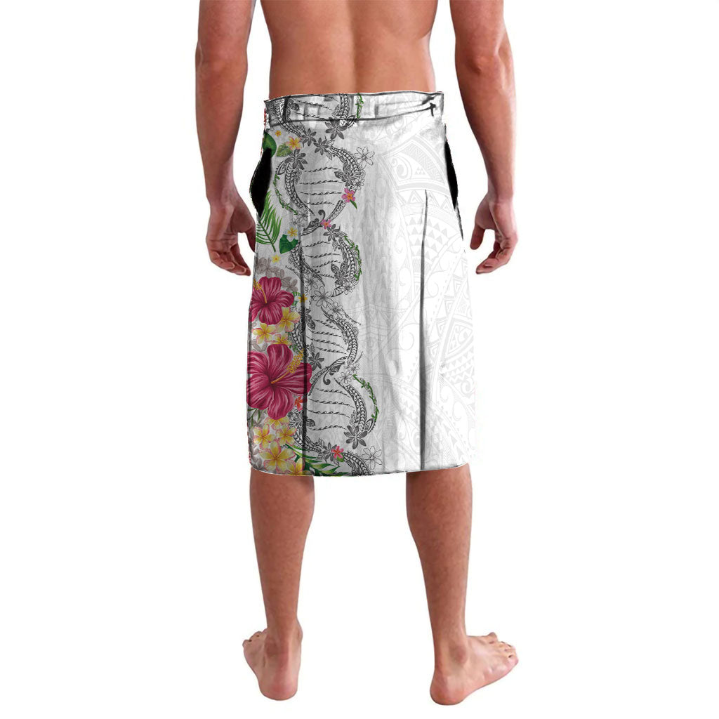 Hawaii DNA Kakau Tattoo Lavalava with Plumeria and Hibiscus Tropical Plants White Color