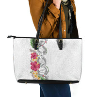 Hawaii DNA Kakau Tattoo Leather Tote Bag with Plumeria and Hibiscus Tropical Plants White Color