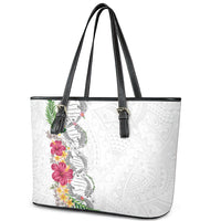 Hawaii DNA Kakau Tattoo Leather Tote Bag with Plumeria and Hibiscus Tropical Plants White Color