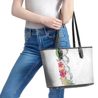 Hawaii DNA Kakau Tattoo Leather Tote Bag with Plumeria and Hibiscus Tropical Plants White Color