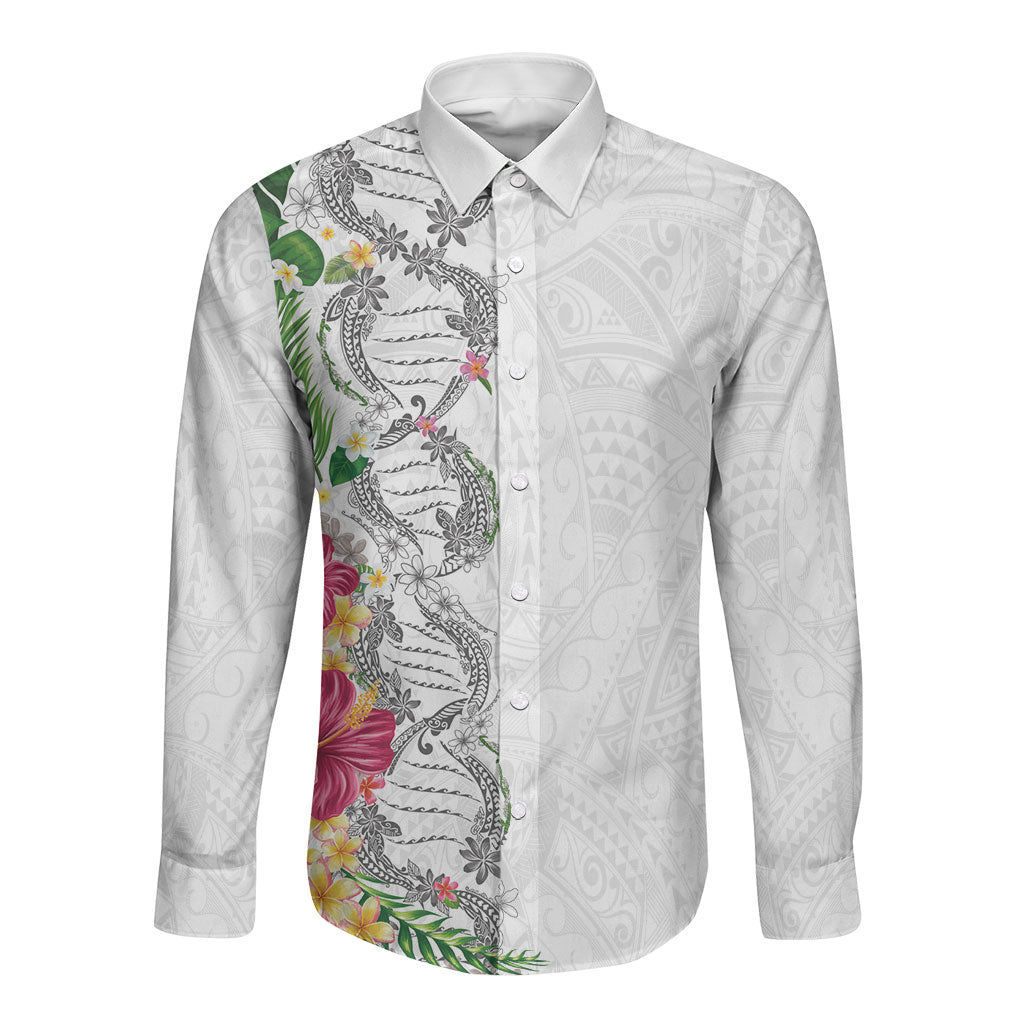 Hawaii DNA Kakau Tattoo Long Sleeve Button Shirt with Plumeria and Hibiscus Tropical Plants White Color