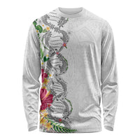 Hawaii DNA Kakau Tattoo Long Sleeve Shirt with Plumeria and Hibiscus Tropical Plants White Color